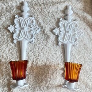 HODA Vintage White Ornate Wall Candle Holders w/ Amber Votive Cups - Pair